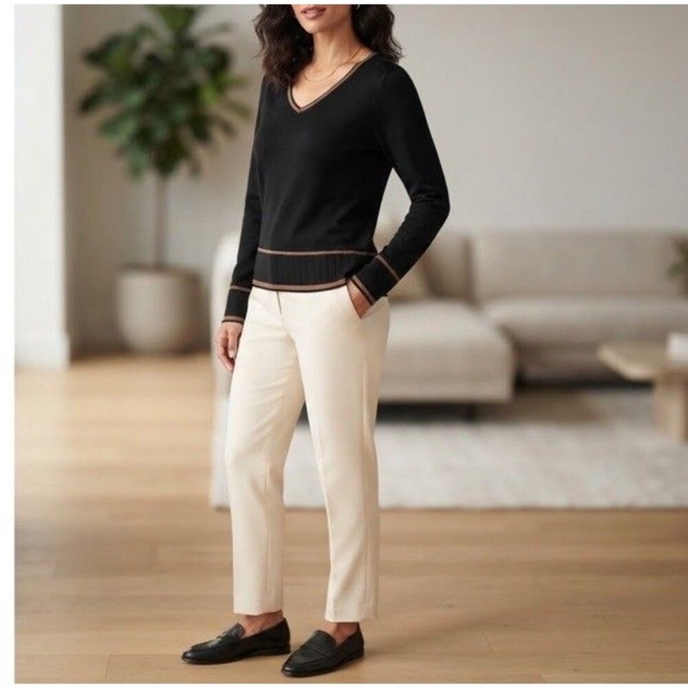 Finity Black Brown Trim V-Neck Sweater Long Sleeve Rayon Nylon Size S Minimalist